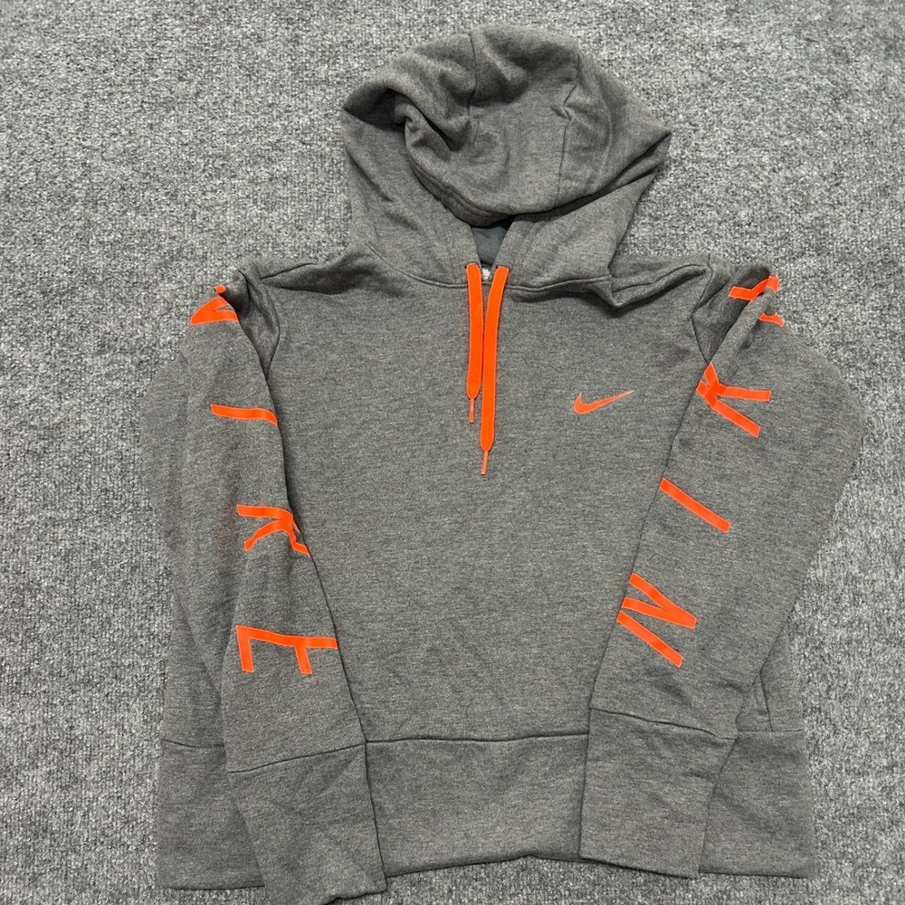 Nike Hoodie Womens Size M Gray Orange Dri-Fit Graphic Sleeve Quarter Zip Sport